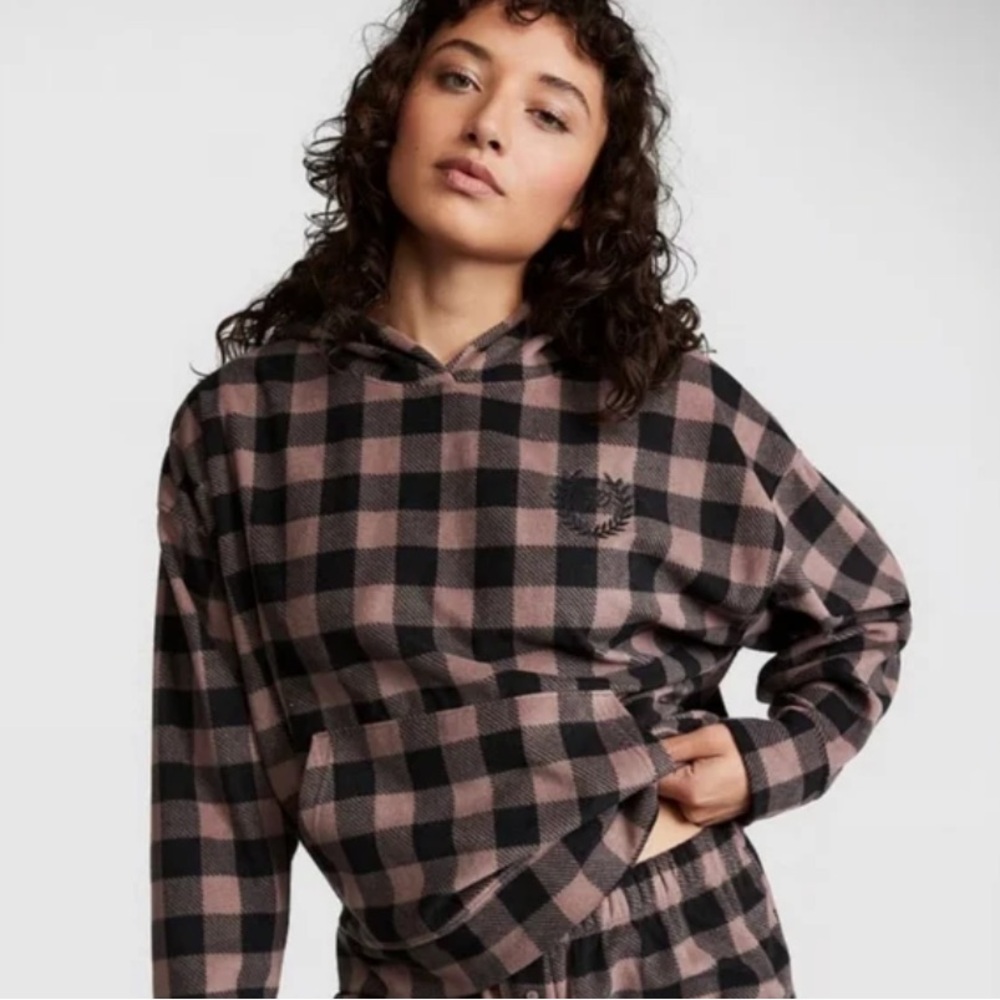 PINK Victoria’s Secret Plaid Fleece Lounge Set XL Brown Black Hoodie Shorts Cozy